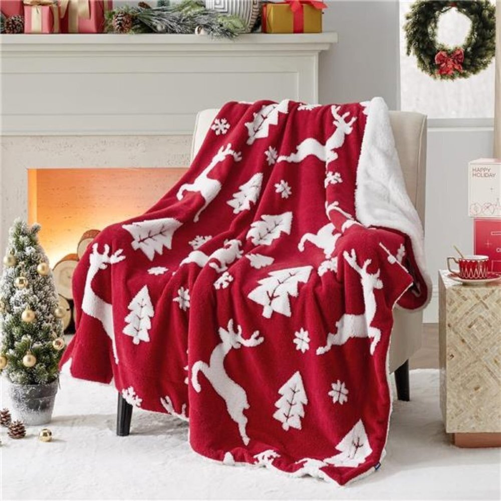 Cozy Sherpa Throw Blanket Christmas Elk 50x60